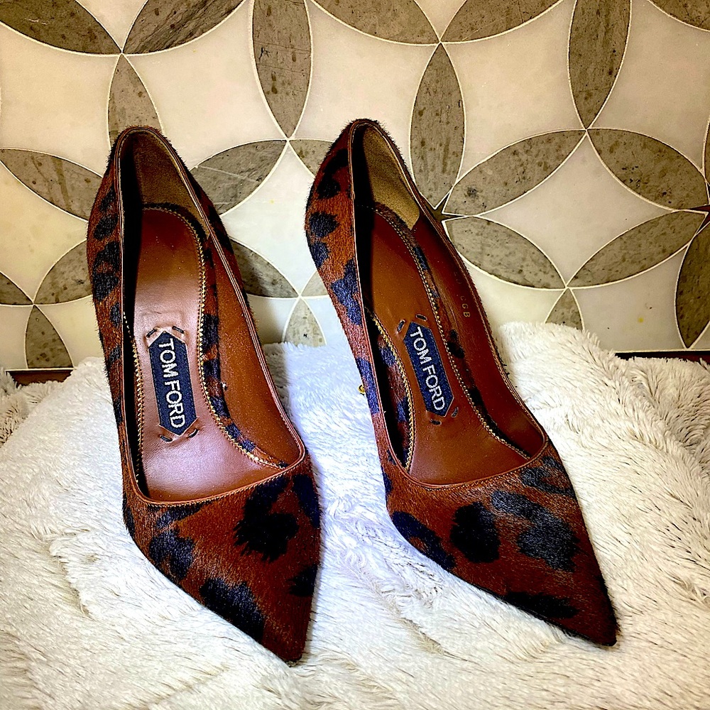 Tom Ford Leopard Print Calf Hair Stiletto Gold Heel  Pump